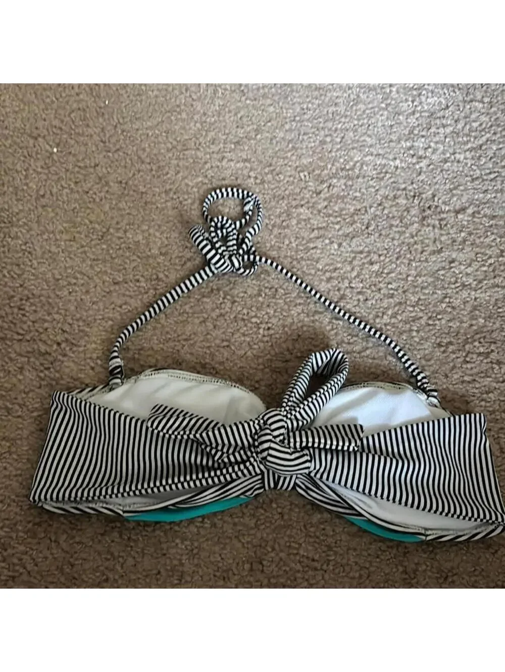 💕Black and white striped bandeau bikini top Blue bow removable strap swim beach